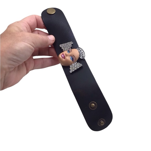 Upcycled Barbie Face Leather Cuff Bracelet Rhinestone Punk Y2K Statement - Picture 6 of 8